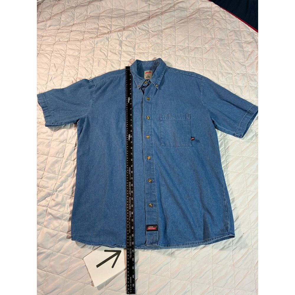 (Large) Genuine Dickies Men's Blue Denim Short Sleeve Button Down Shirt 2016